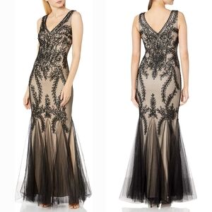 Betsy & Adam Black Nude Embroidered‎ Lace Soutache Mermaid Evening Gown Size 4